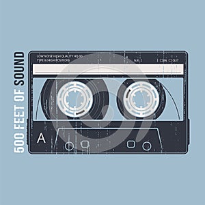 Retro design with a cassette tape. T-shirt and apparel vector pr