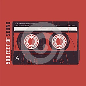 Retro design with a cassette tape. T-shirt and apparel vector pr