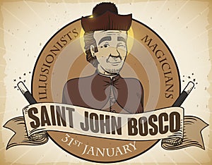 Retro Design for Magicians` Day with Saint John Bosco Portrait, Vector Illustration