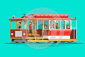 Retro detailed vector cable car, 3d view, isolated. Transit vintage graphic element on cable rail car