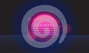 Retro digital 80s style futuristic abstract background. Sci-fi neon light glowing perspective grid landscape with blue, pink,