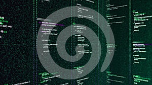 Retro digital background with vertical columns and self written code. Animation. Lines of computer code for the old