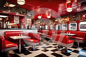 A retro diner with checkerboard floors, red leather booths, and a row of swiveling barstools,