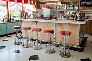 retro diner counter with stools and milkshakes