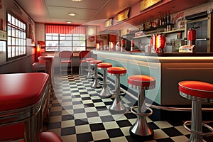 retro diner interior with checkerboard floor and soda counter