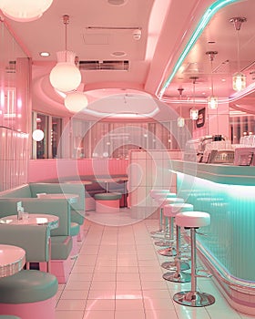 Retro diner interior, pastel tones, taken from entrance , no grunge