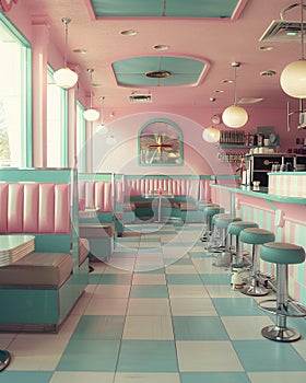 Retro diner interior, pastel tones, taken from entrance , no grunge
