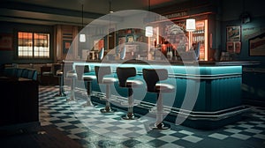 Retro diner interior with a tile floor, neon illumination, jukebox and art deco style bar stools