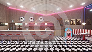 Retro diner interior with a tile floor, neon illumination, jukebox and art deco style bar stools. 3d illustration photo