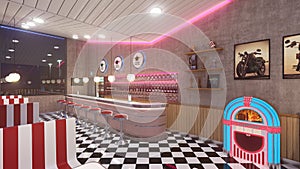 Retro diner interior with a tile floor, neon illumination, jukebox and art deco style bar stools. 3d illustration