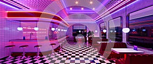 Retro diner interior with tile floor, neon illumination, vintage arcade machine and bar stools. 3d illustration