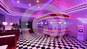 Retro diner interior with tile floor, neon illumination, vintage arcade machine and bar stools. 3d illustration