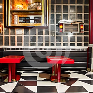 A retro diner-style dining room with red vinyl booth seating, a jukebox, and checkerboard flooring4