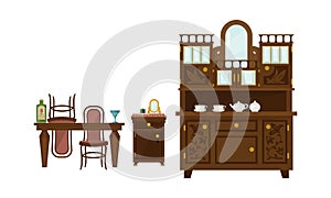 Retro dining room interior with table, chairs and sideboard vector Illustration