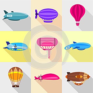 Retro dirigibles icons set, flat style