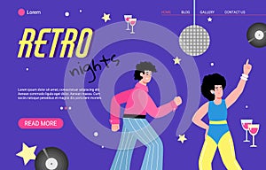 Retro disco dance party web banner with people dancing, flat vector illustration.