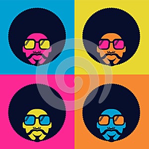 Retro Disco dance poster 70s. Vector bright color portrait man with retro sunglasses