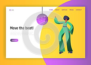 Retro Disco Dancer Character Website Template. Dancing Woman Lifestyle. Nightlife Event Concept for Website or Web Page