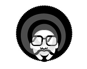 Retro Disco man 70s hairstyle. Vector black silhouette portrait man with retro sunglasses