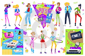 Retro disco people vector illustration set, cartoon flat woman man dancer characters dancing in fashion clothes and