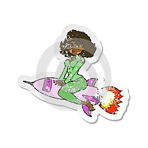 retro distressed sticker of a cartoon army pin up girl riding missile