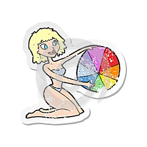 retro distressed sticker of a cartoon bikini girl with beach ball