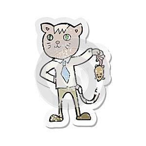 retro distressed sticker of a cartoon business cat with dead mouse