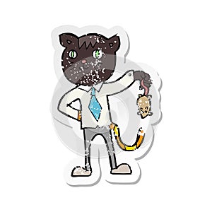 retro distressed sticker of a cartoon business cat with dead mouse