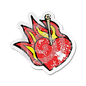 retro distressed sticker of a cartoon flaming heart cherry