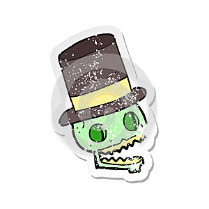 retro distressed sticker of a cartoon laughing skull in top hat