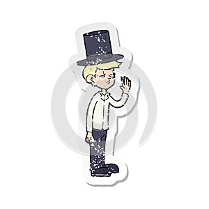 Retro distressed sticker of a cartoon man wearing top hat