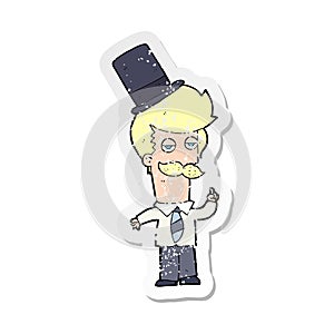 retro distressed sticker of a cartoon man wearing top hat