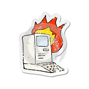 retro distressed sticker of a cartoon old computer on fire