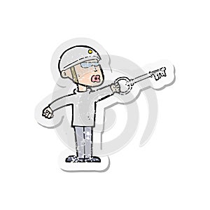 retro distressed sticker of a cartoon security guy with key