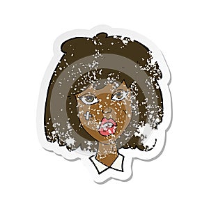 retro distressed sticker of a cartoon woman with bruised face