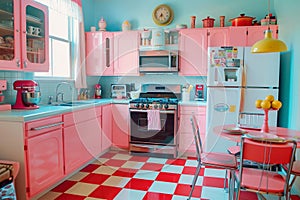 Retro doll kitchen in pastel cute colors, shabby chic vintage