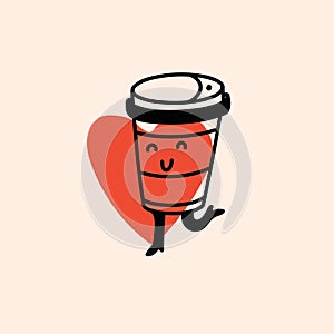 Retro doodle funny character coffee with heart poster. Vintage drink vector illustration. Latte, cappuccino, coffee cup
