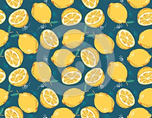 Retro doodle hand drawn lime and lemon seamless pattern. Tropical leaves summer