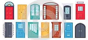 Retro doors. Cartoon front doorway exterior with brick wall. House or office entrance with glass. Wooden door design