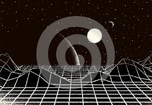 Retro dotwork landscape with 80s styled laser grid, planet, sun and stars background from old sci-fi book or poster