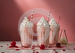 retro drink milkshake pink glass beverage ice sweet cocktail cream. Generative AI.
