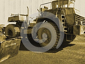 Retro dump truck, aged photo, truck for scrap