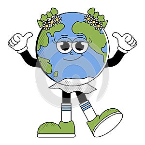 Retro Earth character cartoon groovy style. Funky globe sticker with psychedelic smile face. Earth day or World