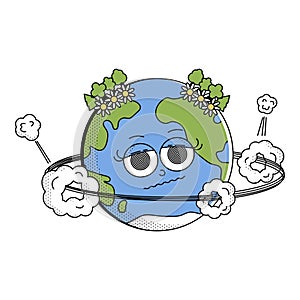 Retro Earth character cartoon groovy style. Funky globe sticker with psychedelic smile face. Earth day or World