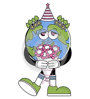 Retro Earth character cartoon groovy style. Funky globe sticker with psychedelic smile face. Earth day or World