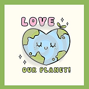 Retro Earth Day, heart shape globe Pastel Doodle Drawing Cartoon Character, shirt design printable
