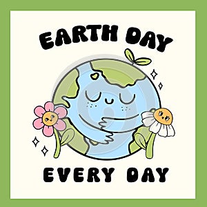 Retro Earth Day, self love globe Pastel Doodle Drawing Cartoon Character, shirt design printable