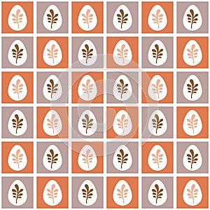 Retro easter egg with leaf vector texture background. Mosaic decorated vintage eggs 50`s seamless pattern. Seasonal