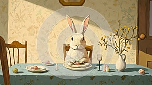 A retro Easter greeting card. A bunny sits at a festive table