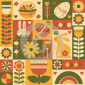 Retro Easter minimalistic background poster. Modern square geometric pattern from tiles with rabbit, basket, flowers and